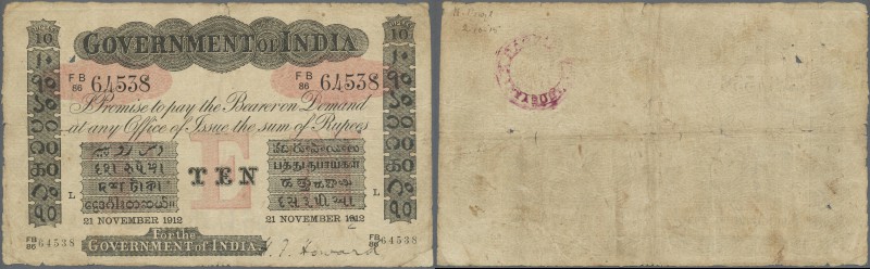 India: Government of India 10 Rupees 1912 LAHORE issue P. A10, used with several...