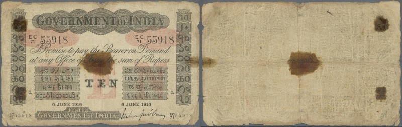 India: Government of India 10 Rupees 1912 LAHORE issue P. A10, stronger used wit...