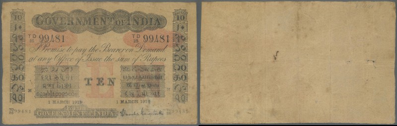 India: Government of India 10 Rupees 1912 P. A10, stronger used with stained pap...