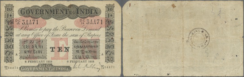India: Government of India 10 Rupees 1918, rare ALLAHABAD issue, used with folds...