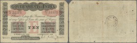 India: Government of India 10 Rupees 1918, rare ALLAHABAD issue, used with folds and creases, several holes and border tears, stamped on back, no repa...