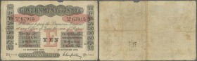 India: Government of India 10 Rupees 1918 RANGOON Issue P. A10, used with folds, light stain, a small missing part at upper border center, holes at le...