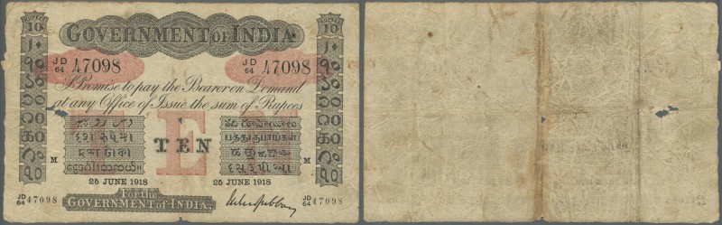 India: Governtment of India 10 Rupees 1918 MADRAS issue P. A10, used with folds,...