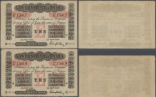 India: highly rare set of 2 CONSECUTIVE notes 10 Rupees 1918 MADRAS issue P. A10, with serial numbers #73617 and 73618, the first in XF+ condition wit...