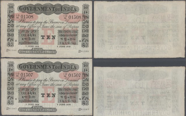 India: highly rare set of 2 consecutive notes 10 Rupees 1918 RANGOON issue P. A1...