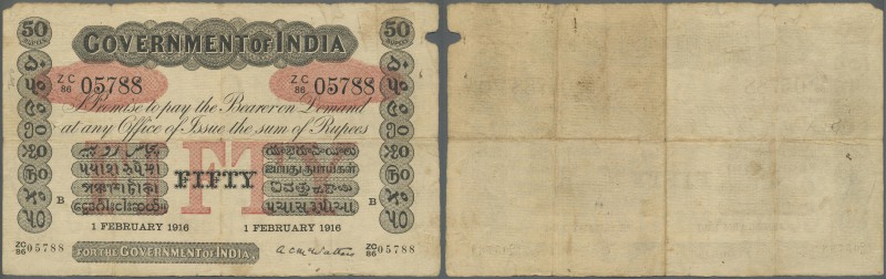 India: Rare Government of India 50 Rupees 1916 P. A15, used with folds and light...