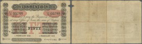 India: Rare Government of India 50 Rupees 1916 P. A15, used with folds and light stain in paper, minor center hole and minor pinholes, split at upper ...
