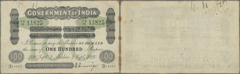 India: Rare Government of India 100 Rupees 1920 P. A17, used with folds and ligh...