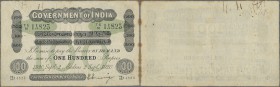 India: Rare Government of India 100 Rupees 1920 P. A17, used with folds and light stain at borders, several pinholes at upper left, no tears, traces o...
