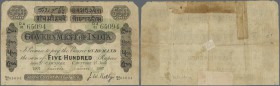 India: Rare Government of India 500 Rupees 1907 CAWNPORE or CALCUTTA issue P. A18, strong used with strong folds, causing tears in paper, partly repai...
