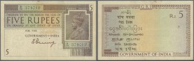 India: 5 Rupees ND P. 4a KGV portrait, very strong paper with crispness, one larger pinhole at left, light center folds, stain dots at upper border, n...