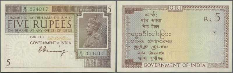 India: 5 Rupees ND sign. Denning P. 4a, only a very light center bend, small hol...