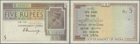 India: 5 Rupees ND sign. Denning P. 4a, only a very light center bend, small hole at right (staple hole) not washed or pressed, crisp original, no tea...