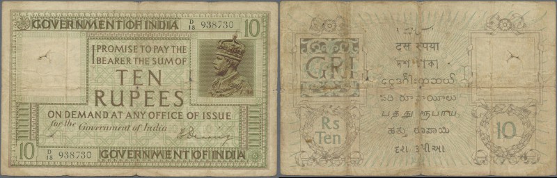 India: 10 Rupees ND(1917-30) P. 6, used with stronger folds, hole at upper left,...