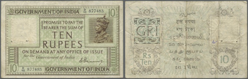 India: 10 Rupees ND(1917-30), P.6, still bright colors on front with several fol...