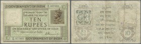 India: 10 Rupees ND(1917-30), P.6, still bright colors on front with several folds, graffiti on back, pinholes at left border and small hole at upper ...