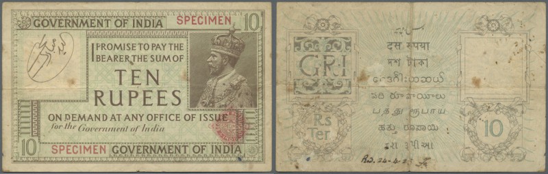 India: highly rare SPECIMEN note of 10 Rupees ND(1917-30) P. 6s with red specime...