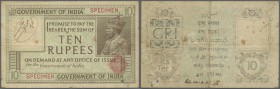 India: highly rare SPECIMEN note of 10 Rupees ND(1917-30) P. 6s with red specimen overprint and specimen seal below portrait of KGV, writing in waterm...