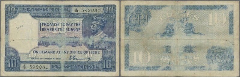 India: 10 Rupees ND(1917-30) P. 7a, sign. Denning, used with very strong folds, ...
