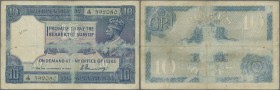 India: 10 Rupees ND(1917-30) P. 7a, sign. Denning, used with very strong folds, faded colors on both sides, pinholes, condition: VG.