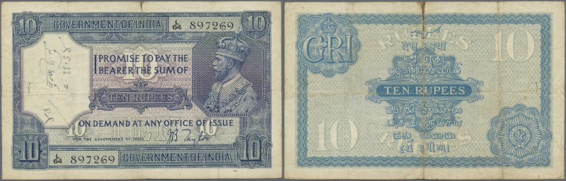 India: set of notes 10 Rupees ND(1917-30) P. 7b, sign. Taylor, both notes used, ...