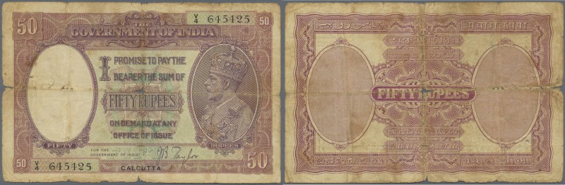 India: rare banknote 50 Rupees P. 9d, issue CALCUTTA, portrait KGV, rare issue a...