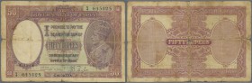 India: rare banknote 50 Rupees P. 9d, issue CALCUTTA, portrait KGV, rare issue and one of the key notes of this early series, stronger used with sever...