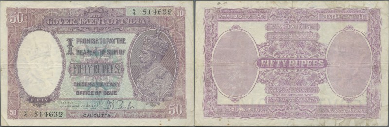 India: 50 Rupees ND(1930) P. 9d, sign Taylor, Issue for CALCUTTA, used with fold...