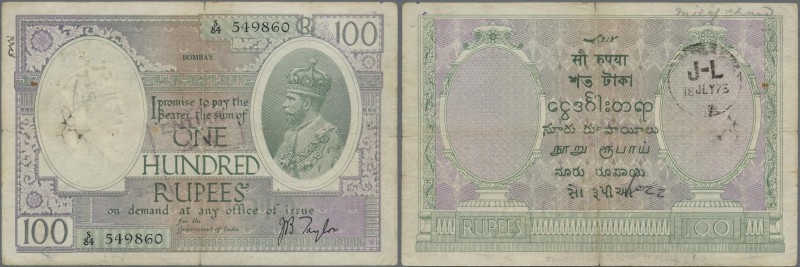 India: 100 Rupees ND(1917-30) sign. Taylor, BOMBAY issue P. 10b, used with very ...
