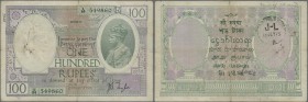 India: 100 Rupees ND(1917-30) sign. Taylor, BOMBAY issue P. 10b, used with very strong horizontal and vertical fold, center hole, writing on the note,...