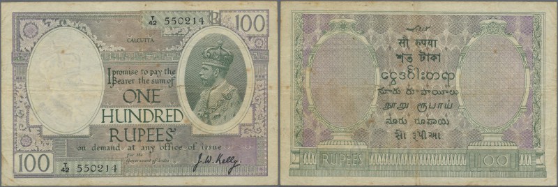 India: 100 Rupees ND(1917-30) sign. Kelly, CALCUTTA issue P. 10h, used with vert...