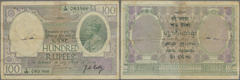 India: 100 Rupees ND(1917-30) LAHORE issue, Sign. Kelly, P. 10o, torn and fixed ...