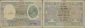 India: 100 Rupees ND(1917-30) LAHORE issue, Sign. Kelly, P. 10o, torn and fixed horizontally in center, tapes for fixing are also visible at upper and...