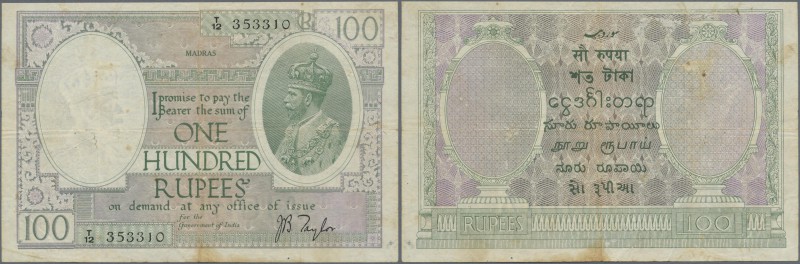 India: 100 Rupees ND(1917-30) sign. Taylor, MADRAS issue P. 10q, used with verti...