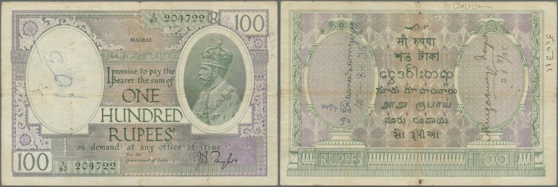 India: 100 Rupees ND(1917-30) sign. Taylor, MADRAS issue P. 10q, used with verti...
