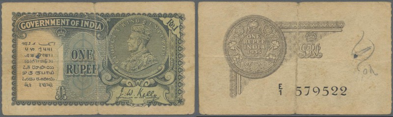 India: 1 Rupee ND P. 14, KGV portrait, used with stronger center fold, hole at l...