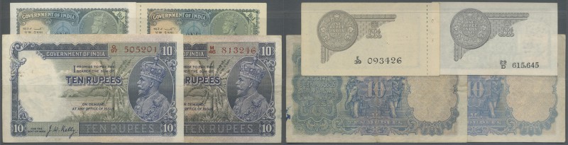 India: set with 4 Banknotes, 2 x 1 Rupee 1935 with and without portrait in water...