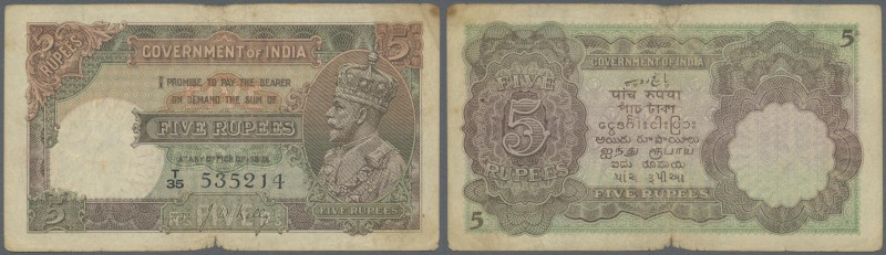 India: 5 Rupees ND P. 15b, potrait KGV, sign Kelly, used with several folds and ...