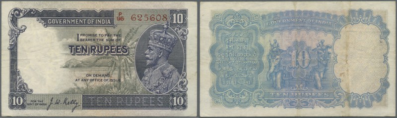 India: 10 Rupees ND P. 16b, sign. Kelly, portrait KG V, vertical folds and creas...