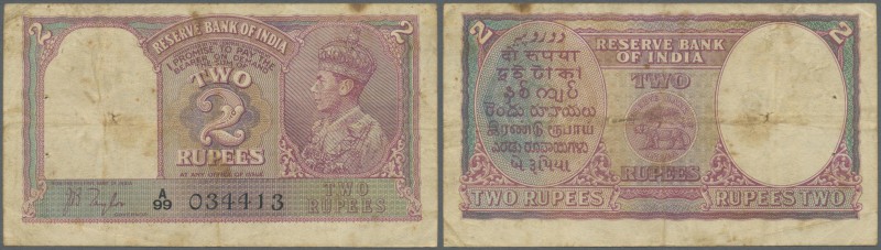 India: 2 Rupees ND P. 17a, portrait KGVI sign. Taylor, used with folds and stain...