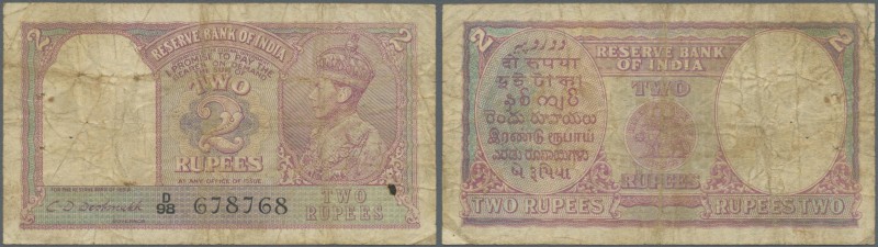 India: 2 Rupees ND P. 17b, portrait KGVI sign. CD, used with folds and stain in ...