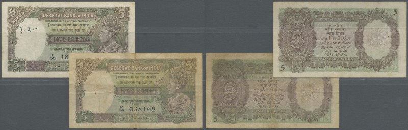 India: set of 2 notes 5 Rupees P. 18a, b, both used with folds and stains in pap...