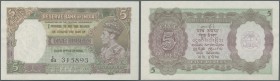 India: 5 Rupees ND P. 18b, sign. Deshmukh, portrait KG VI, unfolded, light dint at right, 2 usual pinholes at left, condition: aUNC.