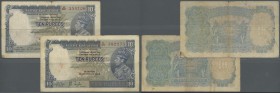 India: set of 2 notes 10 Rupees P. 19a, b, both used with folds and stains in paper, usual pinholes, no repairs, condition: F and F-. (2 pcs)