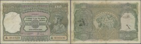 India: 100 Rupees ND(1937-43) BOMBAY issue P. 20a, used with folds, pinholes, stain in paper, pen writings on front and back, no repairs, condition: F...