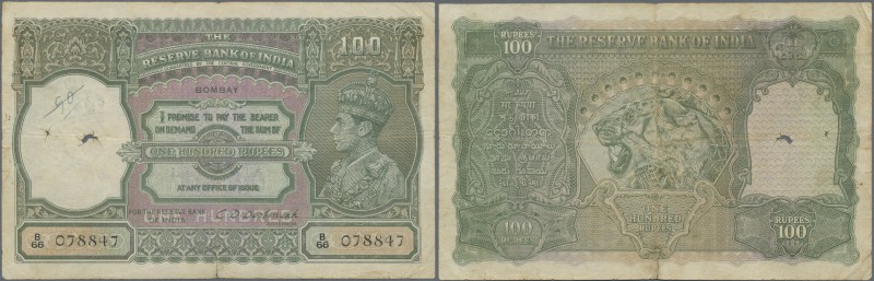 India: 100 Rupees ND(1937-43) BOMBAY issue P. 20b, used with folds, holes in wat...