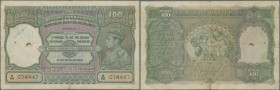 India: 100 Rupees ND(1937-43) BOMBAY issue P. 20b, used with folds, holes in watermark area, writings on the note, border tears, no repairs, still str...