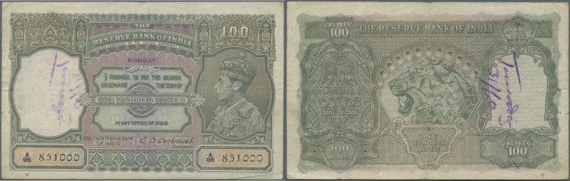 India: 100 Rupees ND P. 20b, sign. Deshmukh, issue for BOMBAY, portrait KG VI, u...