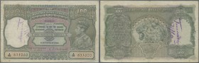 India: 100 Rupees ND P. 20b, sign. Deshmukh, issue for BOMBAY, portrait KG VI, used with several folds and creases, several pinholes, crispness paper,...
