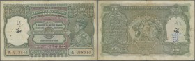 India: 100 Rupees ND(1937-43) BOMBAY issue P. 20c, with watermark Facing KGVI portrait, used condition with several holes, writings on the note, folds...